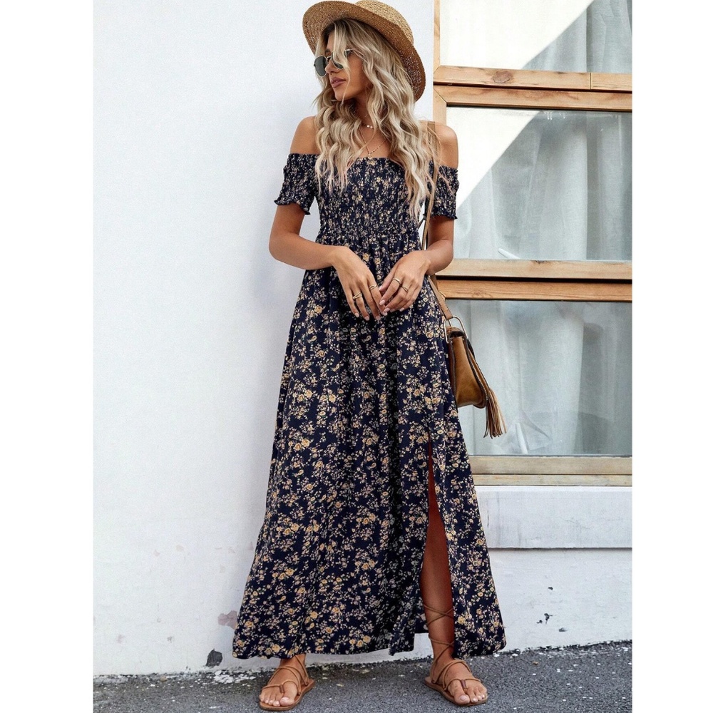 Ditsy Floral Off Shoulder Navy Blue Shirred Top Maxi Dress Leg Slit Flowy, Long - Picture 3 of 6